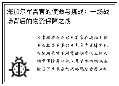 海加尔军需官的使命与挑战:一场战场背后的物资保障之战 海加尔军需官的使命与挑战:一场战场背后的物资保障之战